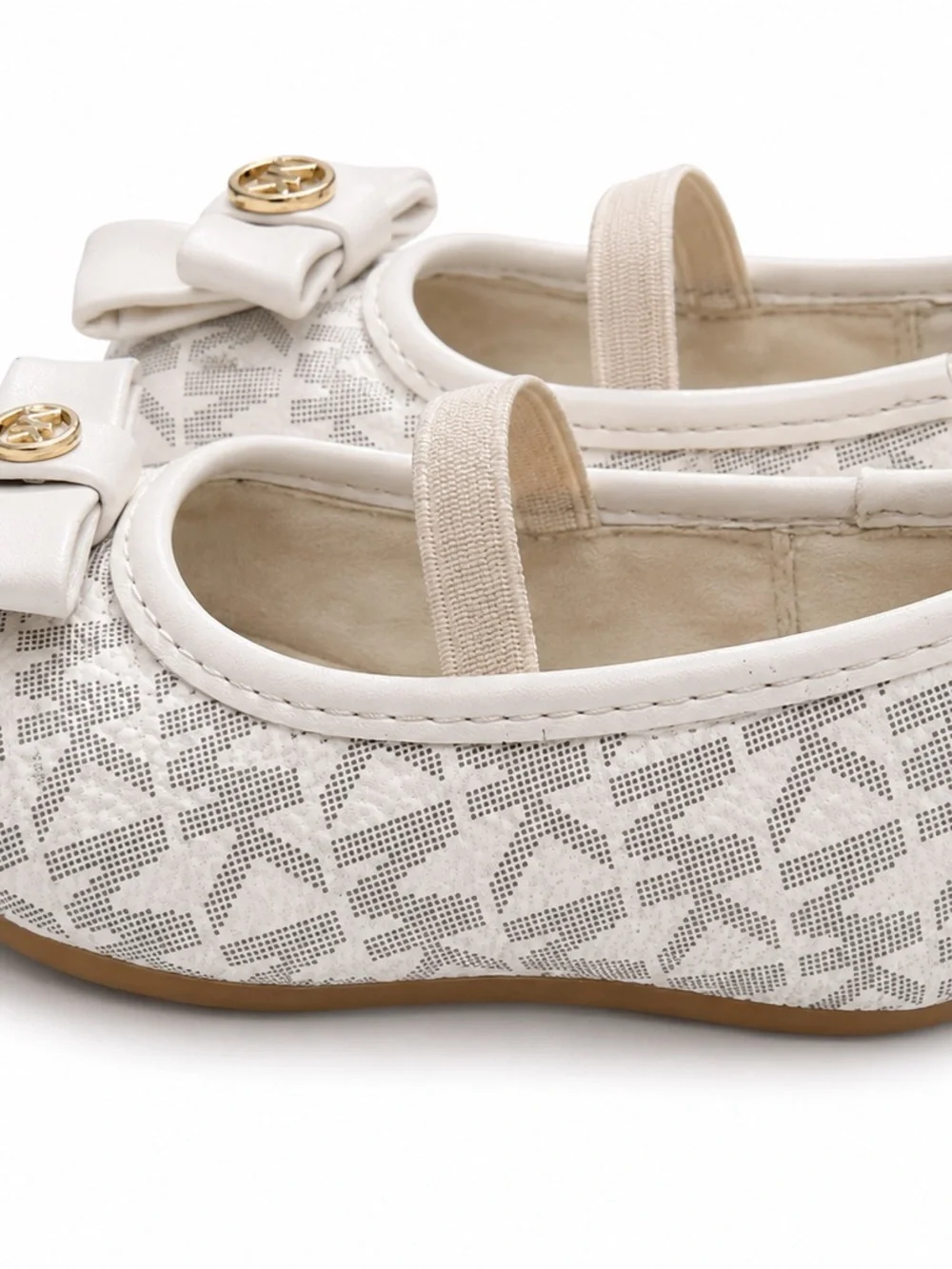 Michael Kors Girls Cream Logo Bow Ballet Flats with Gold MK Accent